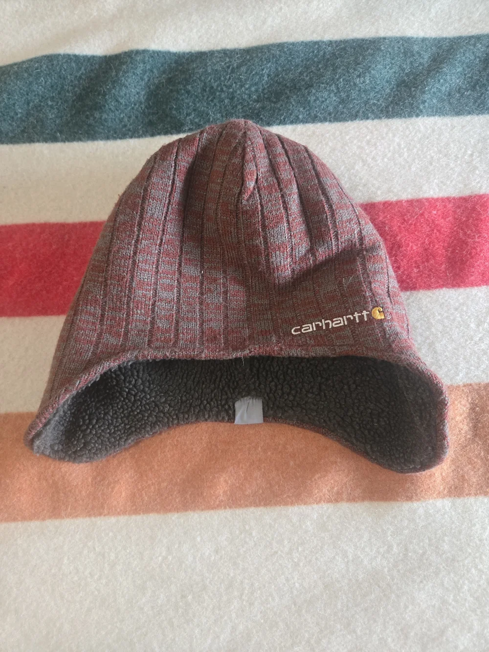 Carhartt Earflap Ribbed Fleece Lined Beanie in Maroon and Gray